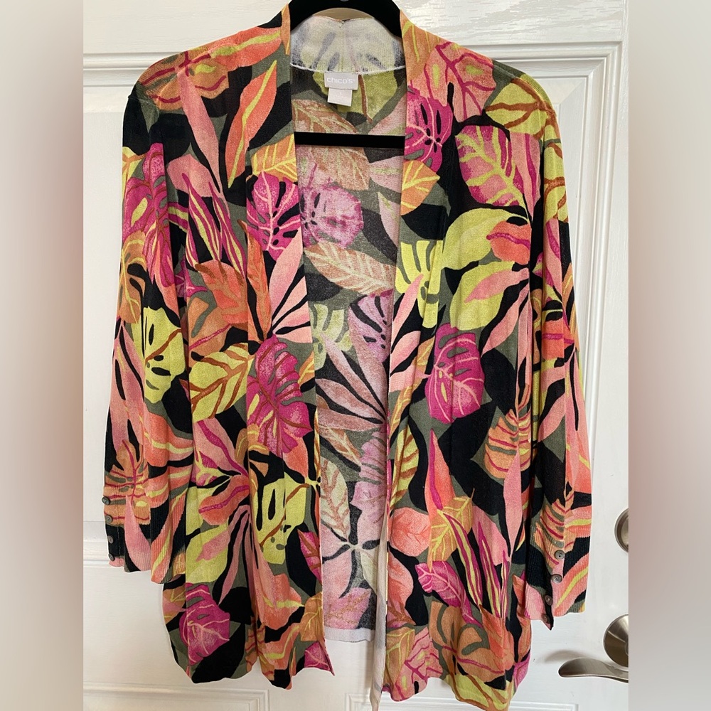 Chico's Summer Romance Multicolor Tropical Leaf Pattern Cardigan